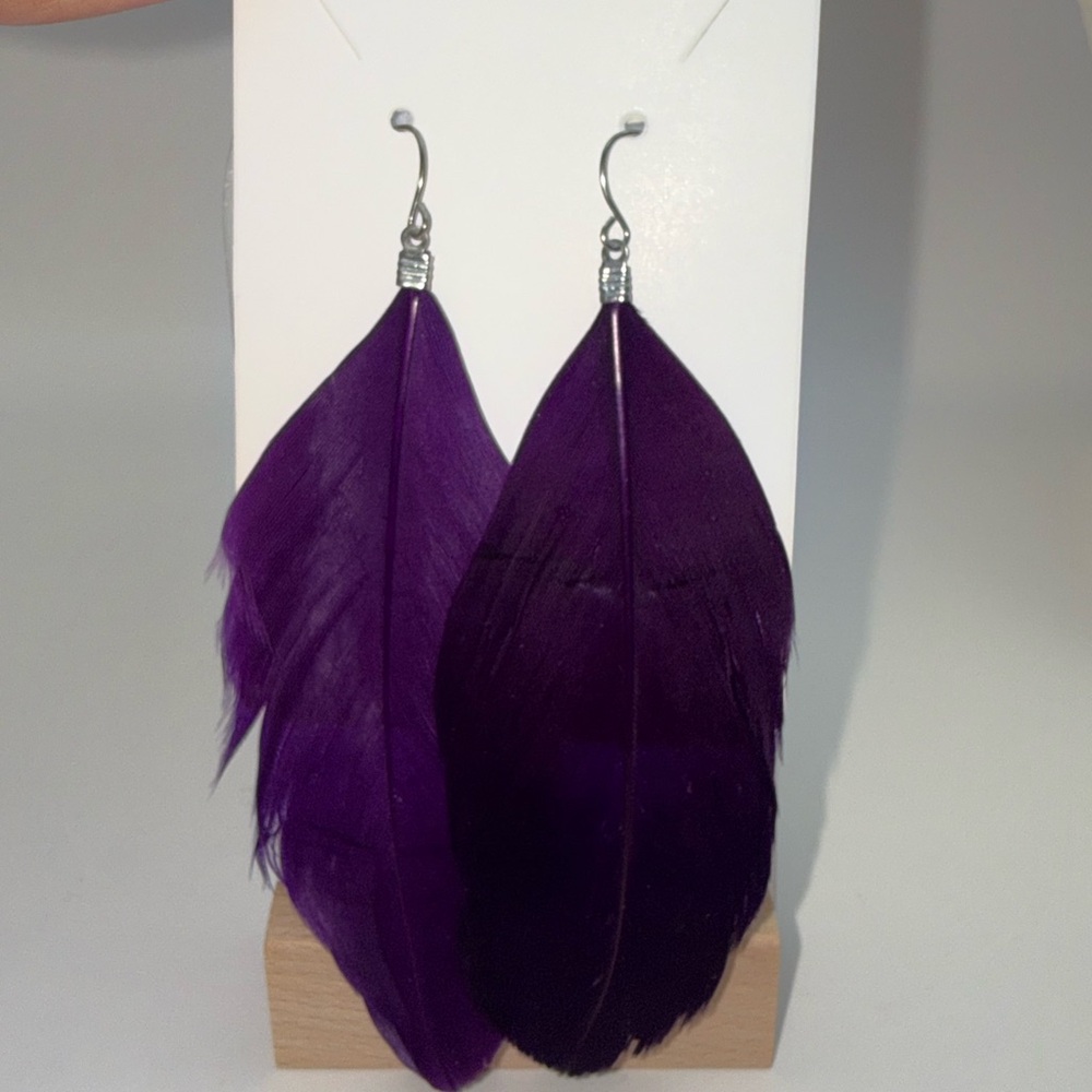 Purple Feather Dangle Earrings Boho Statement Lightweight Fashion Jewelry